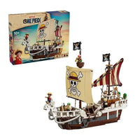 A detailed One Piece Going Merry Building Blocks set featuring the Straw Hat Pirate Ship, designed as an assembly model toy for children and collectors.