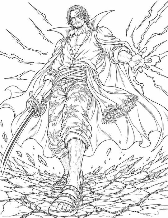 Shanks One Piece Coloring Page Conqueror’s Haki featuring Red-Haired Shanks advancing with Gryphon, an extended hand, a flowing cape, lightning-like Haki, and shattered ground