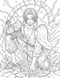 Shanks One Piece Coloring Page Gryphon Saber printable PDF high resolution line art Yonko crouching battle landing wielding Gryphon saber hand cracking ground cloak debris