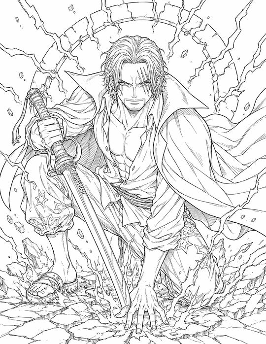 Shanks One Piece Coloring Page Gryphon Saber printable PDF high resolution line art Yonko crouching battle landing wielding Gryphon saber hand cracking ground cloak debris