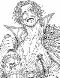 Shanks One Piece Coloring Page Red-Haired Emperor printable PDF high resolution line art Yonko laughing with sake bottle saber skull cloak clasp eye scars