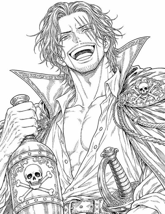 Shanks One Piece Coloring Page Red-Haired Emperor printable PDF high resolution line art Yonko laughing with sake bottle saber skull cloak clasp eye scars