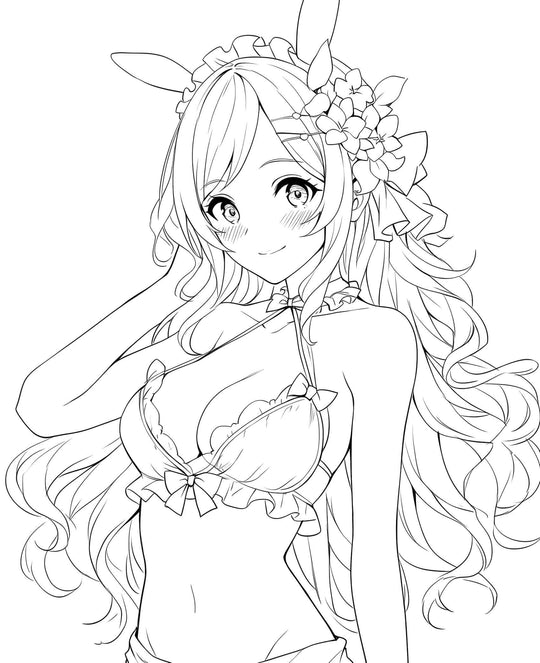 Shy anime bunny girl waifu with long wavy hair, flowers and bow in her hair, bunny ears, wearing a frilly bikini with bows, posing with one hand behind her head, blushing – coloring page digital download.