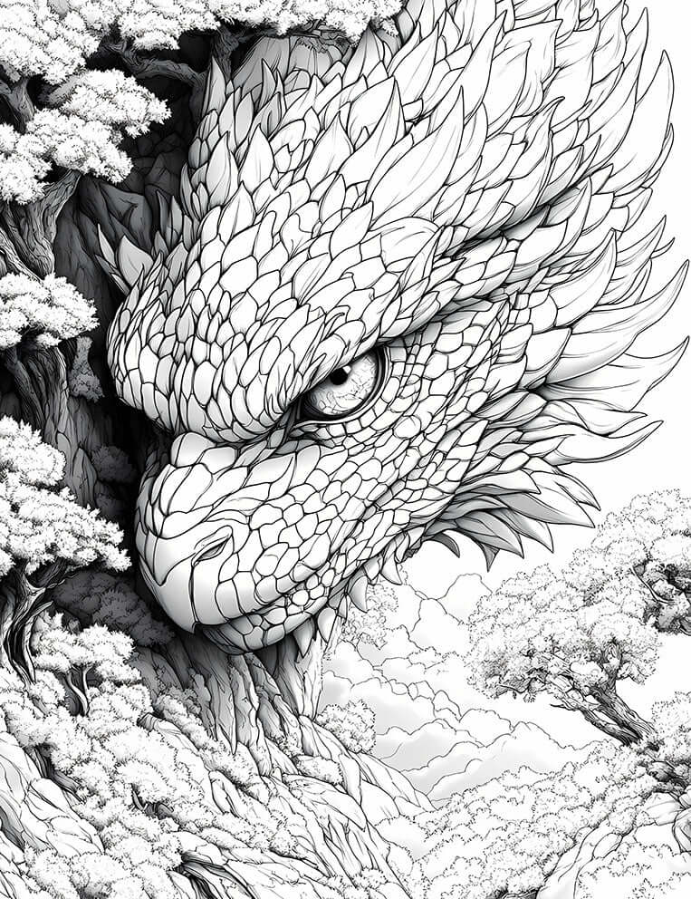 Epic fantasy coloring page of a SkyClad Dragon Overlord, featuring a highly detailed colossal dragon head with intricate scales, a feathered crest, and a piercing eye, emerging from a mountainous forest landscape, for advanced adult coloring.