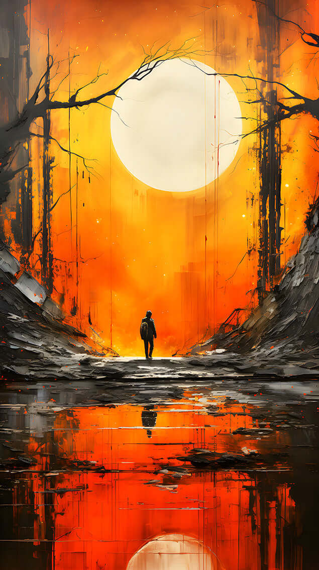Solitary Journey: Lone Traveler Sunset Abstract Landscape | Digital Art Print 🌇