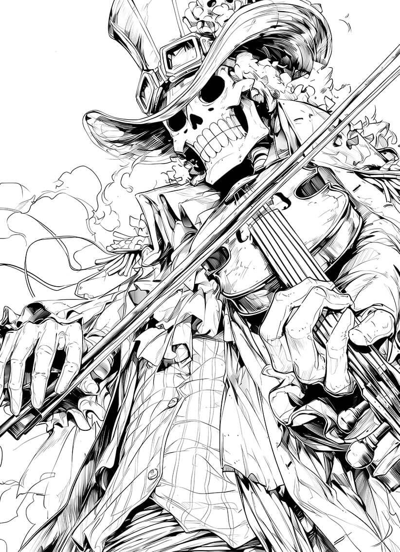 Soul King Brook coloring page from One Piece, featuring a skeleton with a violin in a dramatic pose.