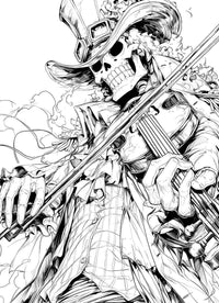 Soul King Brook coloring page from One Piece, featuring a skeleton with a violin in a dramatic pose.