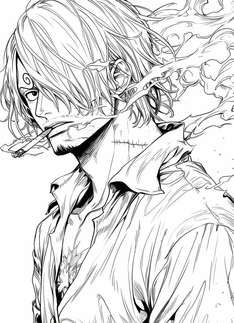 Close-up coloring page of Black Leg Sanji from One Piece, showcasing smoke and intense character details.
