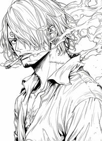 Close-up coloring page of Black Leg Sanji from One Piece, showcasing smoke and intense character details.