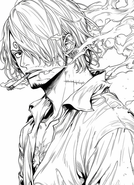 Close-up coloring page of Black Leg Sanji from One Piece, showcasing smoke and intense character details.