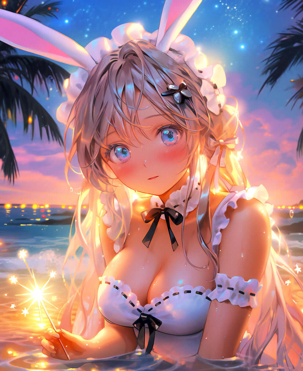 Anime Beach Bunny in water at sunset with a sparkler, surrounded by palm trees and glowing lights, by Sparktide Dreams.