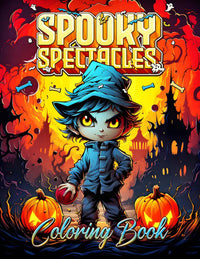 Colorful cover of 'Spooky Spectacles' Halloween coloring book featuring a playful character, pumpkins, and spooky elements.