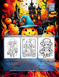 Coloring book cover featuring Halloween characters, pumpkins, and a spooky castle background, promoting creative fun for kids.