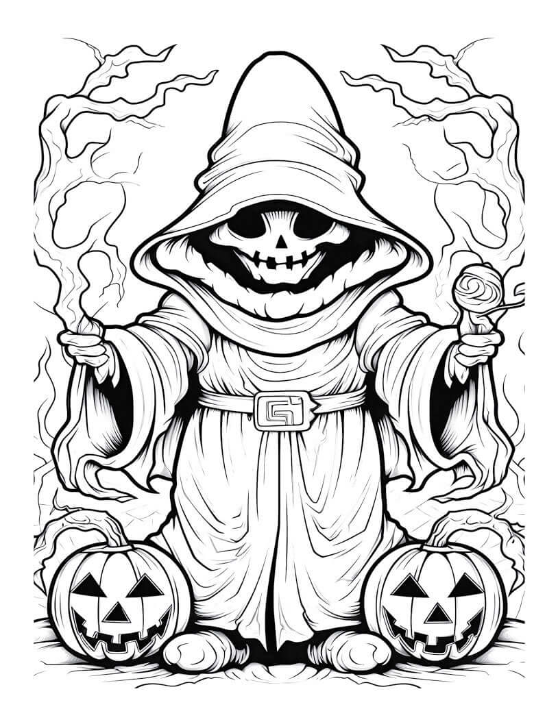 Coloring page featuring a spooky hooded figure holding candy, surrounded by Halloween pumpkins.