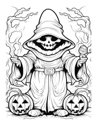 Coloring page featuring a spooky hooded figure holding candy, surrounded by Halloween pumpkins.