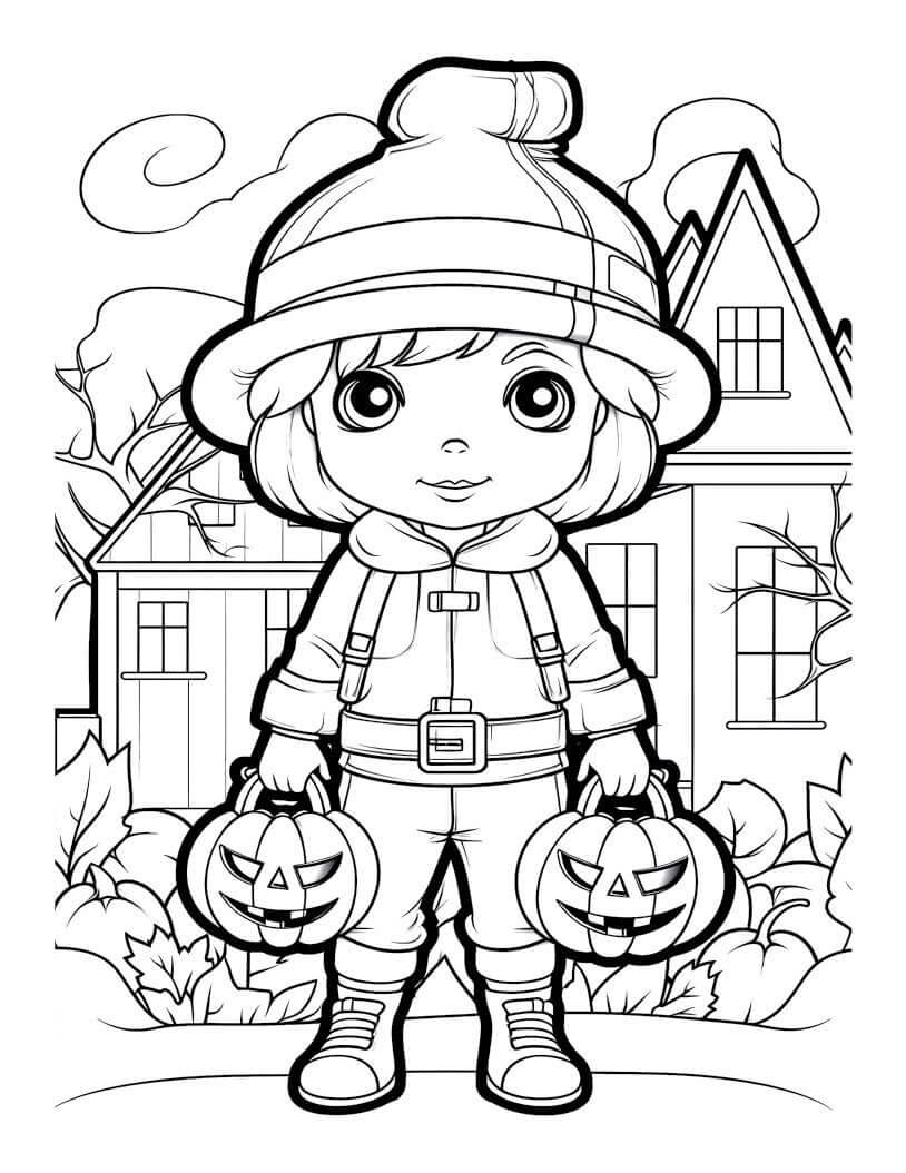 Halloween coloring page featuring a child in a hat holding pumpkin buckets outside a spooky house.