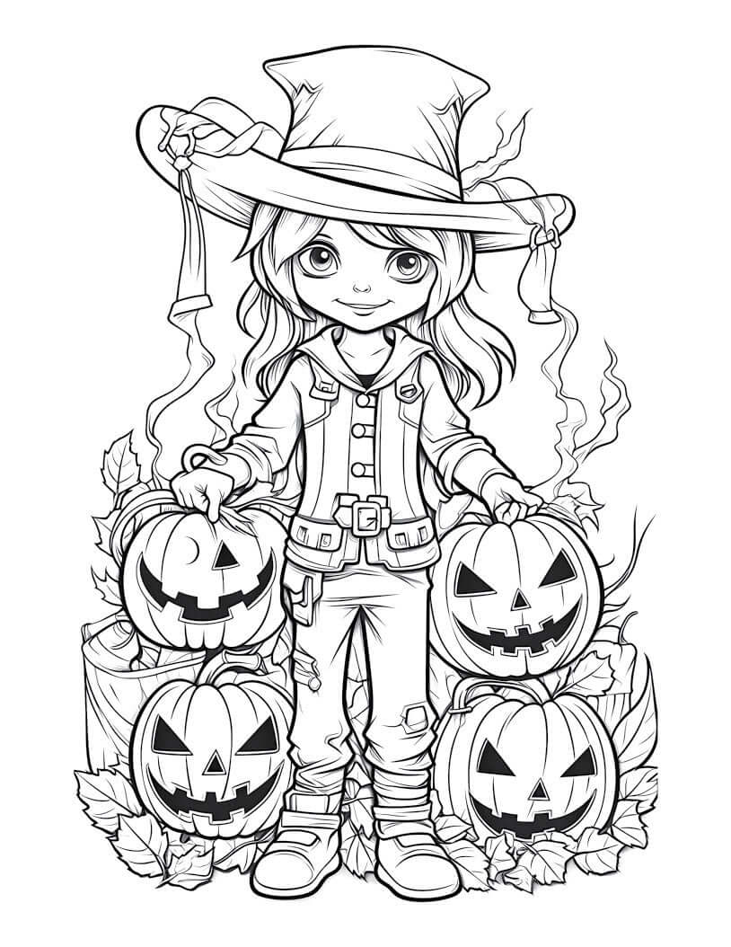 Coloring page featuring a young girl in a witch hat surrounded by carved pumpkins, perfect for Halloween fun.