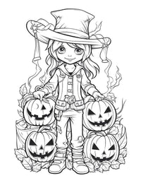 Coloring page featuring a young girl in a witch hat surrounded by carved pumpkins, perfect for Halloween fun.