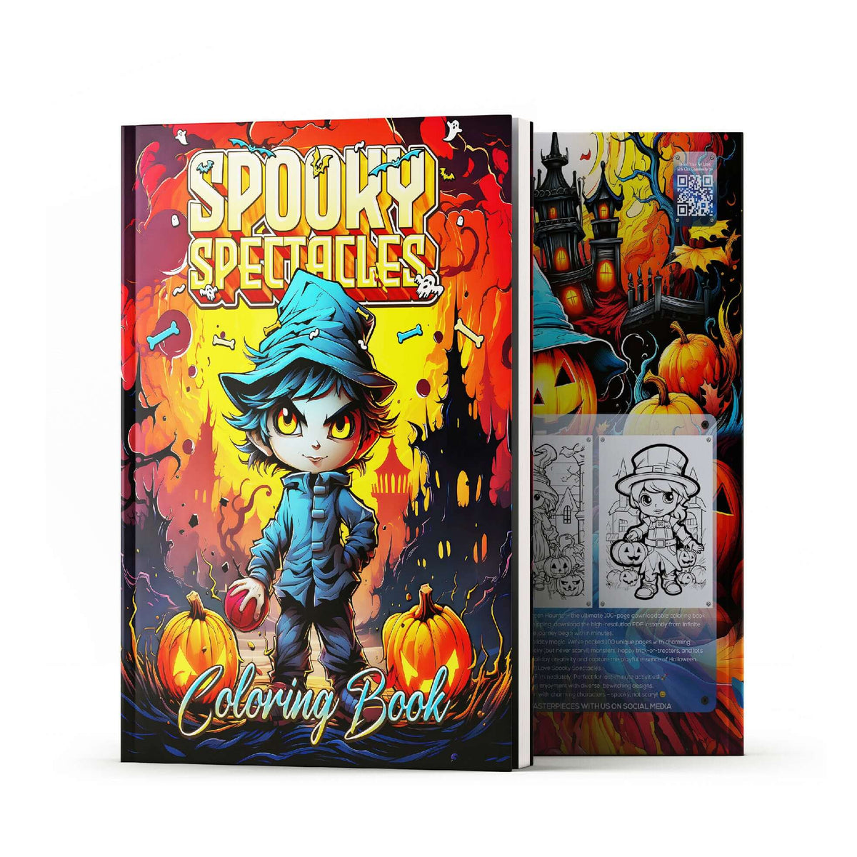 Colorful cover of 'Spooky Spectacles' Halloween coloring book for kids featuring friendly monsters and pumpkins.