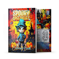Colorful cover of 'Spooky Spectacles' Halloween coloring book for kids featuring friendly monsters and pumpkins.