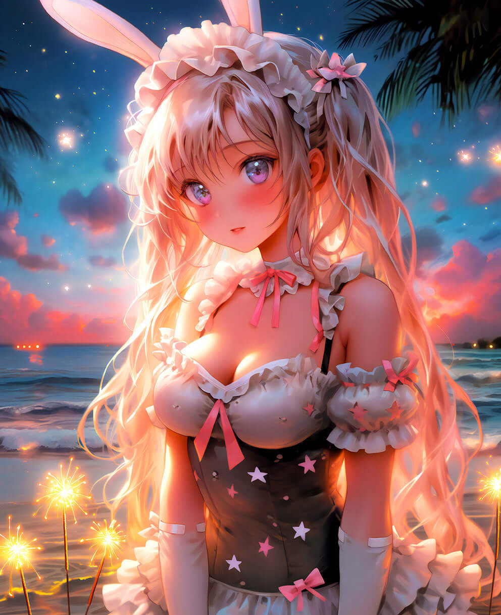 Anime Beach Bunny digital art with pastel hair and sparkles, set against a dreamy beach sunset.