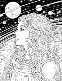 The Stargazer Queen Coloring Page, a detailed black-and-white illustration of a beautiful queen in profile with long, wavy hair, looking peacefully at a sky filled with planets and stars.