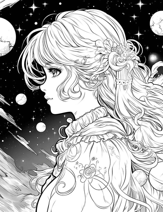 The Starlight Dreamer Coloring Page, a detailed black-and-white anime-style illustration of a girl in profile with long hair, looking out at a beautiful cosmic scene with planets, meteors, and stars.