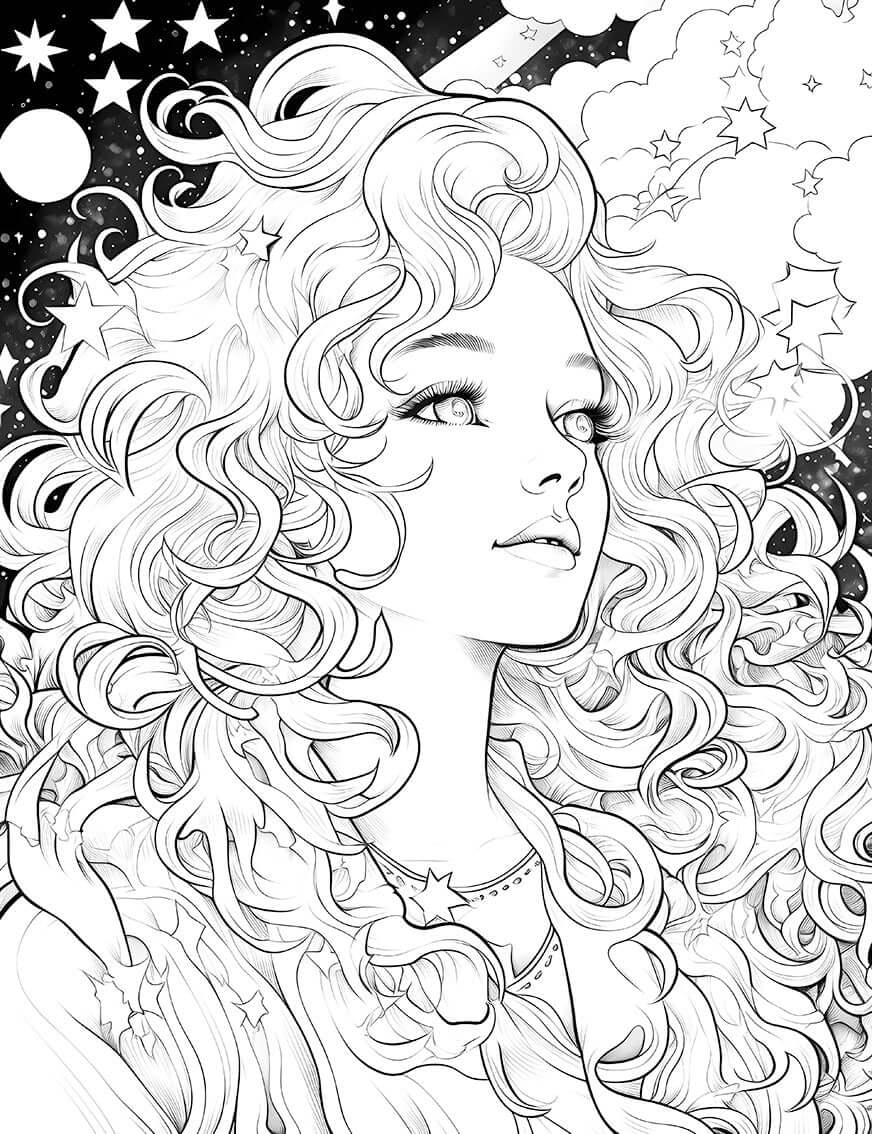 Starry Muse coloring page featuring a woman with flowing curls and celestial stars for adult coloring and mindfulness.