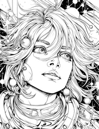 The Starstruck Wanderer Coloring Page, a detailed black-and-white anime illustration of a young hero's face with wide eyes and messy hair, looking up in awe at a star-filled cosmos.