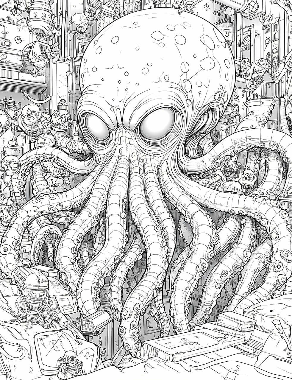 Steampunk Octopus Adult Coloring Page - Intricate Sci-Fi Fun!