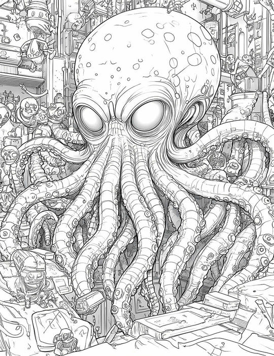 Steampunk Octopus Adult Coloring Page - Intricate Sci-Fi Fun!