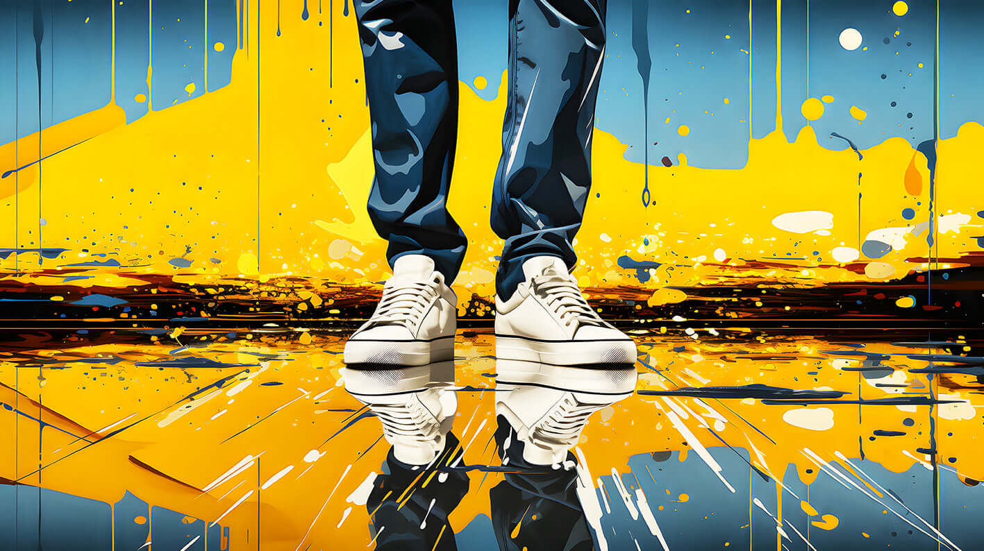 White sneakers on a vibrant yellow and blue abstract splash background, perfect for urban decor.