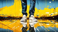 White sneakers on a vibrant yellow and blue abstract splash background, perfect for urban decor.