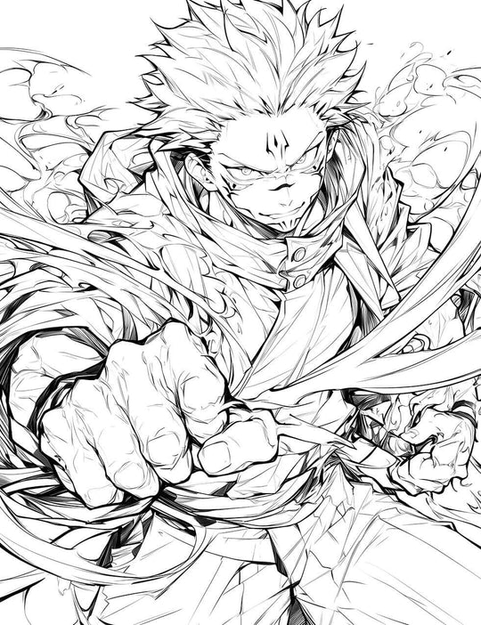 Intense black and white line art of Yuji Itadori possessed by Sukuna from Jujutsu Kaisen, with facial markings and a menacing, powerful pose.