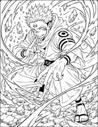Sukuna Jujutsu Kaisen Coloring Page King of Curses featuring a crouched battle pose, cursed markings, black nails, technique hand sign, flying rubble, and sweeping slash energy