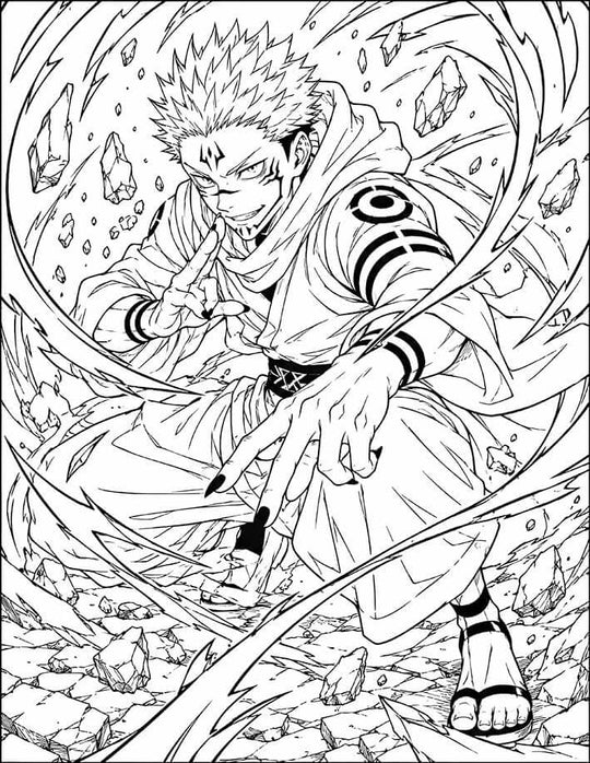 Sukuna Jujutsu Kaisen Coloring Page King of Curses featuring a crouched battle pose, cursed markings, black nails, technique hand sign, flying rubble, and sweeping slash energy