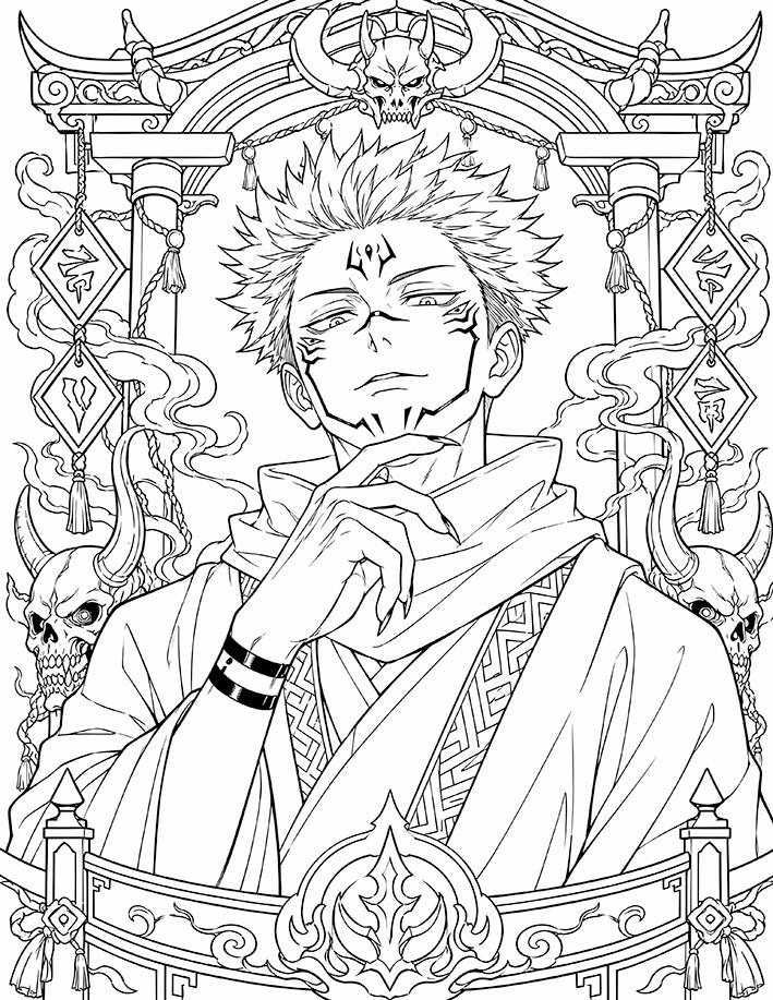 Sukuna Jujutsu Kaisen Coloring Page King of Curses featuring a regal seated portrait, cursed markings, horned skulls, shrine pillars, talismans, and curling smoke