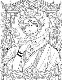 Sukuna Jujutsu Kaisen Coloring Page King of Curses featuring a regal seated portrait, cursed markings, horned skulls, shrine pillars, talismans, and curling smoke