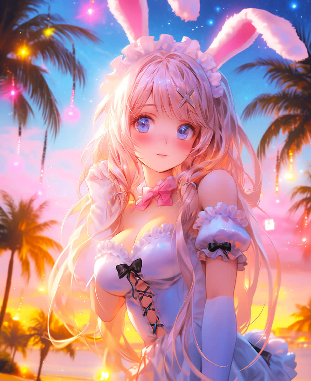 Anime Beach Bunny in a serene sunset setting, surrounded by palm trees and colorful lights.