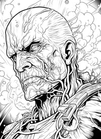 A detailed, comic-book style horror coloring page of a powerful superhero villain with intense eyes and a muscular body covered in a network of pulsating veins.