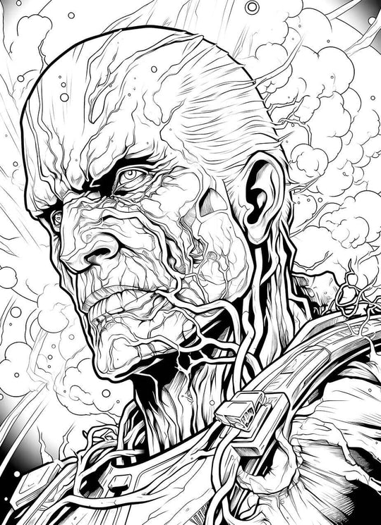 A detailed, comic-book style horror coloring page of a powerful superhero villain with intense eyes and a muscular body covered in a network of pulsating veins.