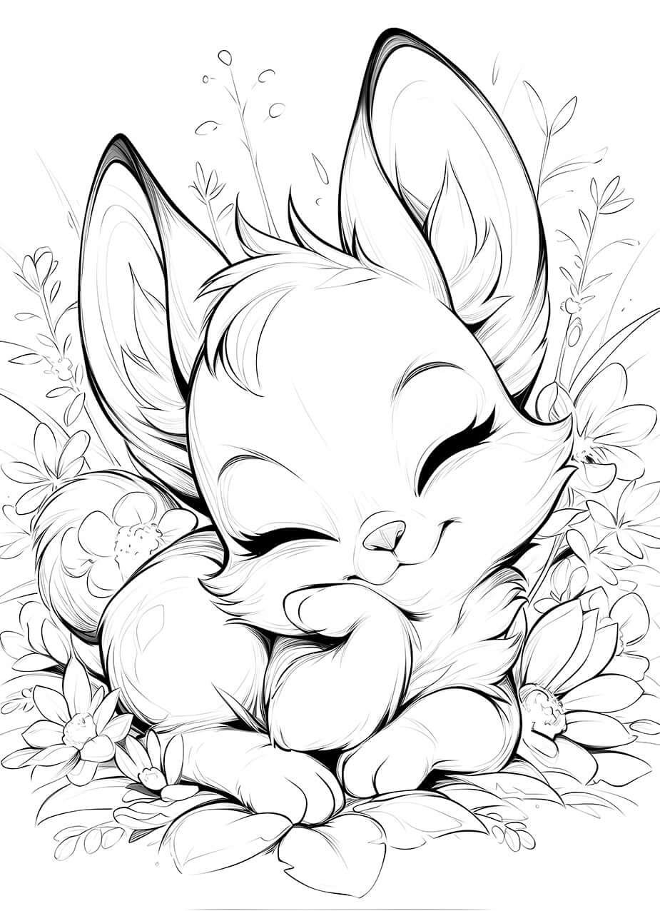 Adorable sleeping fox surrounded by flowers in a peaceful coloring page design for kids.