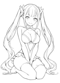 Sweet and alluring anime elf waifu girl with long pigtails and leaf accessories, kneeling in detailed fantasy lingerie with thigh-high stockings and a gentle smile – coloring page digital download.