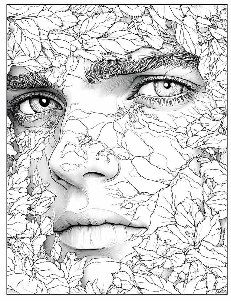 Intricate line art coloring page of a human face merged with leaves, featuring expressive eyes and vein-like patterns on the skin, symbolizing a human-nature connection, for adult coloring and artistic expression.