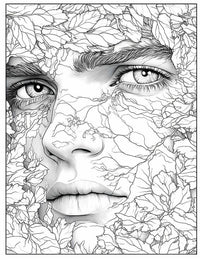 Intricate line art coloring page of a human face merged with leaves, featuring expressive eyes and vein-like patterns on the skin, symbolizing a human-nature connection, for adult coloring and artistic expression.