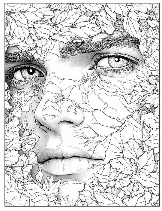 Intricate line art coloring page of a human face merged with leaves, featuring expressive eyes and vein-like patterns on the skin, symbolizing a human-nature connection, for adult coloring and artistic expression.