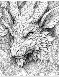 Highly detailed line art coloring page of a Sylvan dell Dragon, a powerful fantasy beast with intricate leaf-like scales/feathers, textured horns, and a fierce eye, emerging from dense forest foliage, for advanced adult coloring.