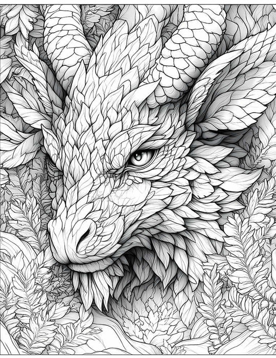 Highly detailed line art coloring page of a Sylvan dell Dragon, a powerful fantasy beast with intricate leaf-like scales/feathers, textured horns, and a fierce eye, emerging from dense forest foliage, for advanced adult coloring.
