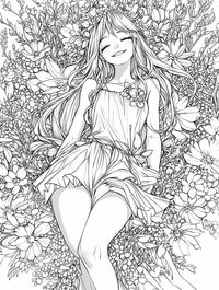 The Garden Chose Her — serene floral woman coloring page with flowing hair and delicate floral crown.