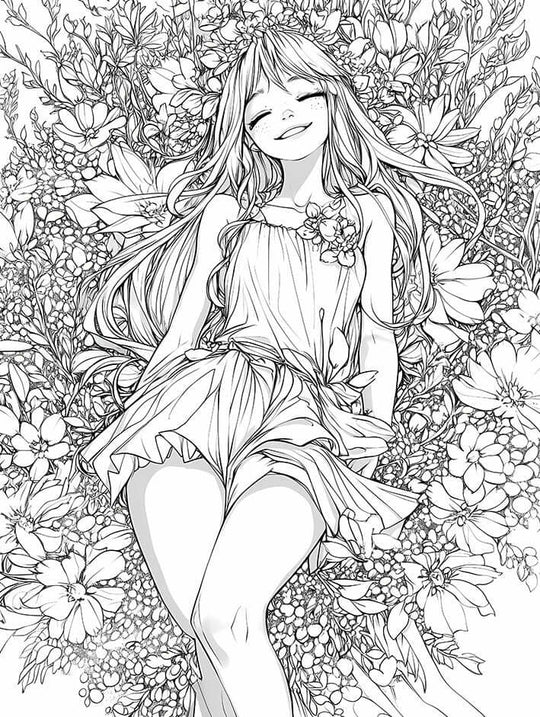 The Garden Chose Her — serene floral woman coloring page with flowing hair and delicate floral crown.